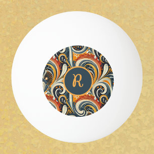 Trendy Hip Retro Orange Deep Teal Swirls Monogram  Ping Pong Ball