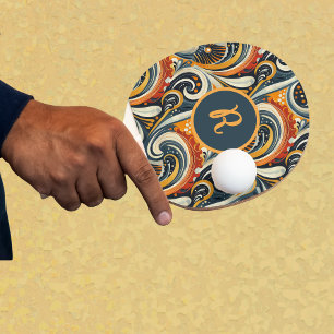 Trendy Hip Retro Orange Deep Teal Swirls Monogram Ping Pong Paddle