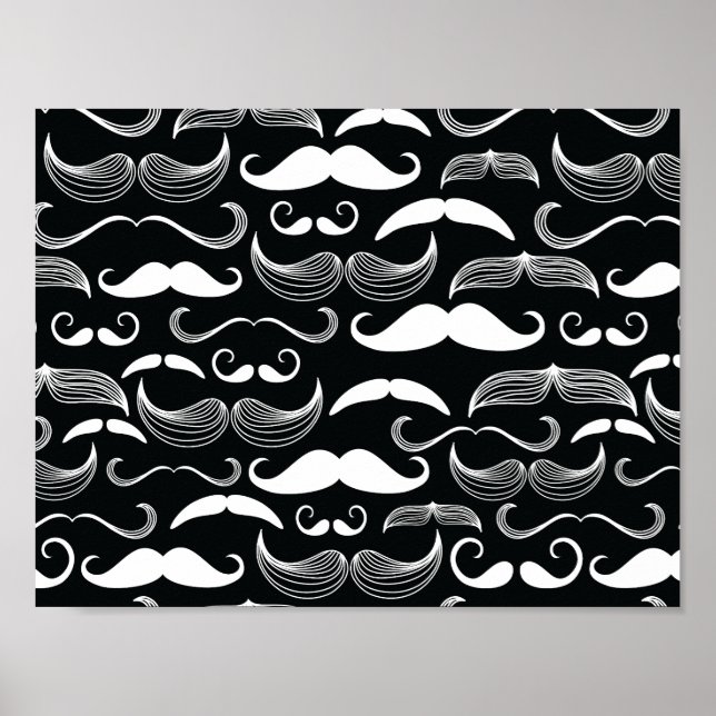 Trendy Hipster Black and White Moustache Pattern Poster (Front)