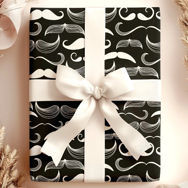 Trendy Hipster Black and White Moustache Pattern Wrapping Paper (Creator Uploaded)