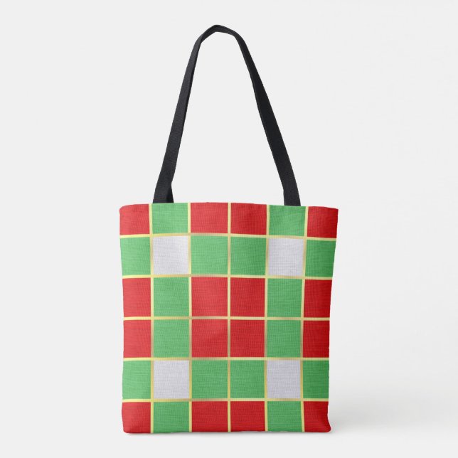 Trendy Holiday Colours Red, Green & Gold Chequered Tote Bag (Back)
