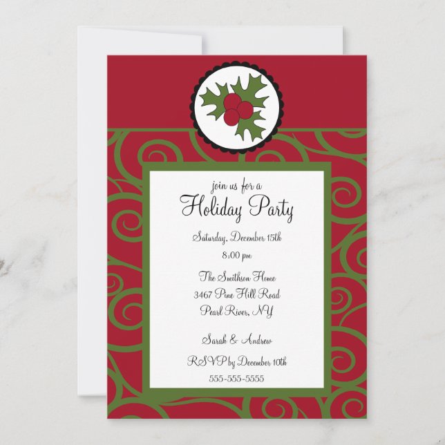 Trendy Holly Swirl  Holiday Party Invitation (Front)