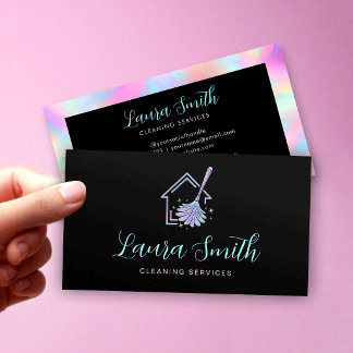 Trendy Holographic Home Cleaning Housekeeper Business Card