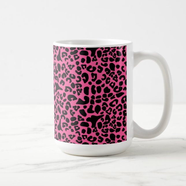 Trendy Hot Pink and Black Modern Leopard Print Coffee Mug (Right)