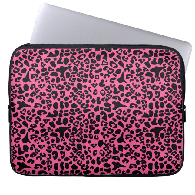 Trendy Hot Pink and Black Modern Leopard Print Laptop Sleeve (Front)