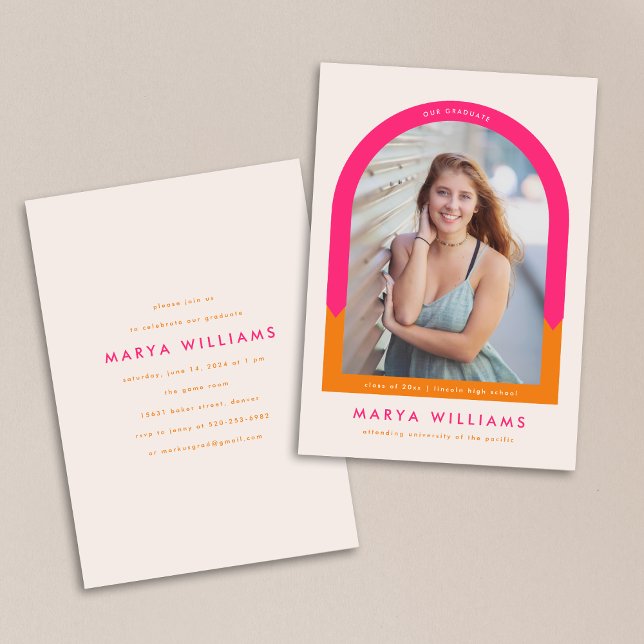 Trendy Hot Pink and Orange Arch Graduation Party Invitation (Creator Uploaded)