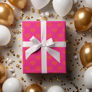 Trendy Hot Pink and Orange Glitter Heart Wrapping Paper Sheet