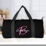 Trendy Hot Pink Black White Script Monogram  Duffle Bag<br><div class="desc">This personalised duffel bag features a monogram and first name in modern hot pink and white script on a black background.</div>