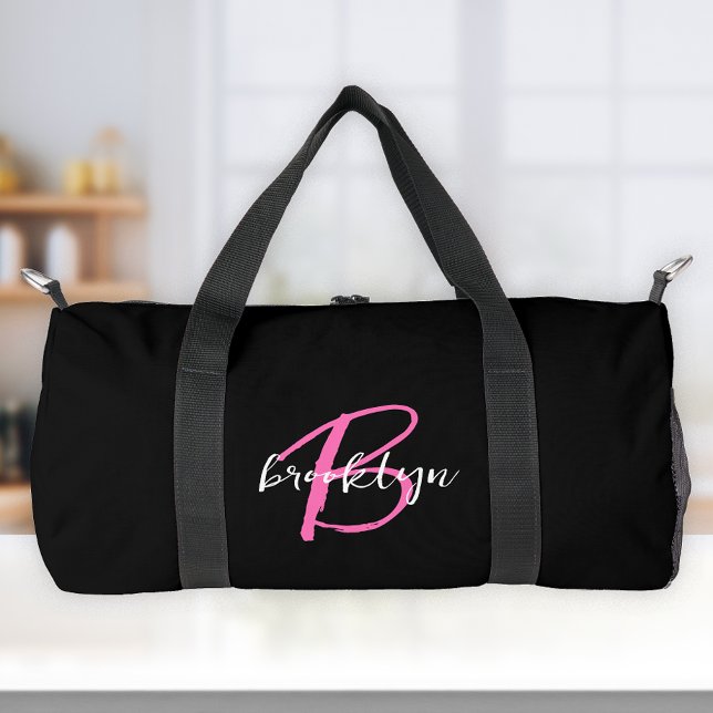 Trendy Hot Pink Black White Script Monogram  Duffle Bag (Creator Uploaded)