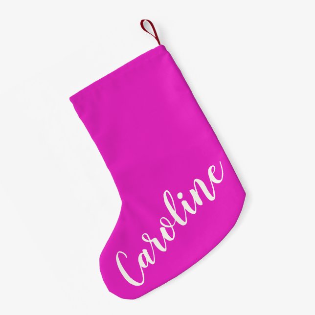 Trendy Hot Pink Calligraphy Personalised Name Small Christmas Stocking (Back (Hanging))