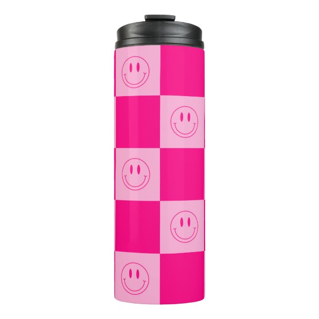 Trendy Hot Pink Chequered Cute Happy Smiling Face Thermal Tumbler (Front)