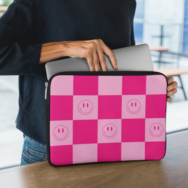 Trendy Hot Pink Chequered & Happy Smile Face Laptop Sleeve (Creator Uploaded)