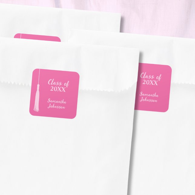 Trendy Hot Pink Chic Grad Tassel Graduation  Square Sticker (Trendy Hot Pink Chic Grad Tassel Graduation Square Sticker grad party favor)