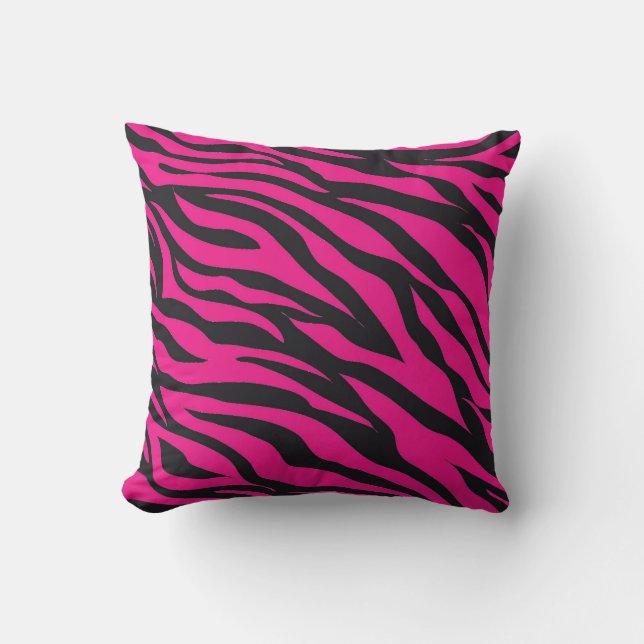 Trendy Hot Pink Fuchsia Black Zebra Stripes Print Cushion (Front)