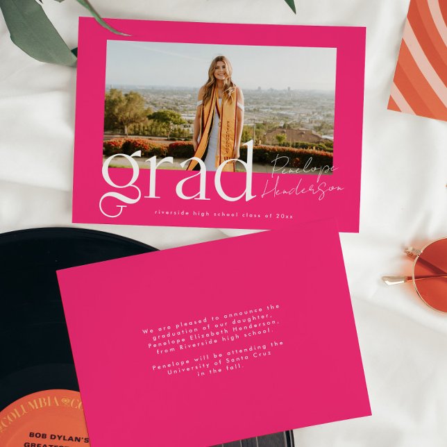 Trendy Hot Pink Grad 2025 Script Photo Graduation Announcement (Creator Uploaded)