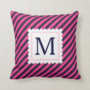 Trendy Hot Pink Navy Blue Stripes Custom Monogram Cushion