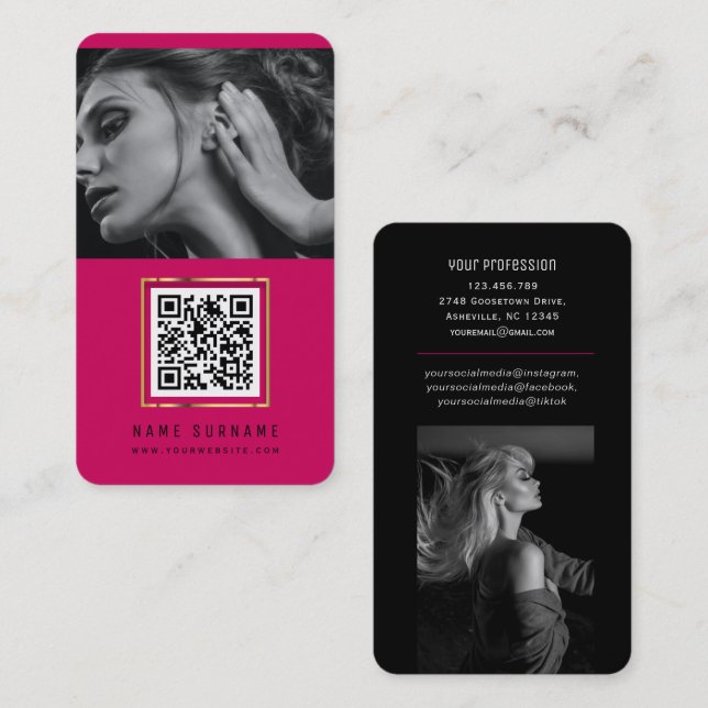 Trendy hot pink QR code modern social media photo Business Card (Front/Back)