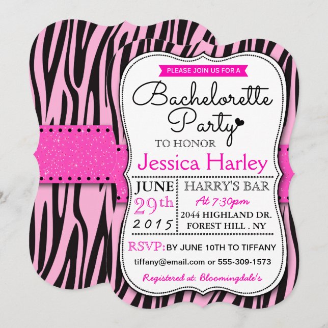Trendy Hot Pink Zabra Print Bachelorette Party Invitation (Front/Back)