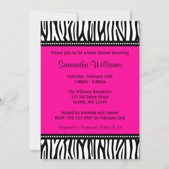 Trendy Hot Pink Zebra Girl Baby Shower Invitations (Front)