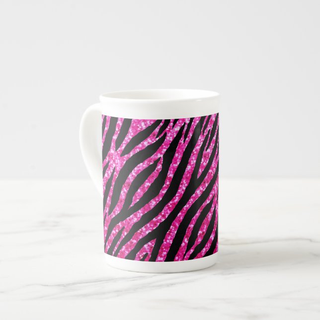 Trendy Hot Pink Zebra Print Glitz Glitter Sparkles Bone China Mug (Front Left)
