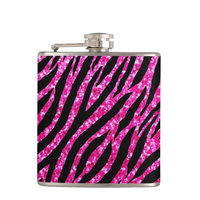 Trendy Hot Pink Zebra Print Glitz Glitter Sparkles Hip Flask (Front)