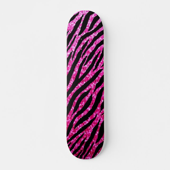 Trendy Hot Pink Zebra Print Glitz Glitter Sparkles Skateboard (Front)