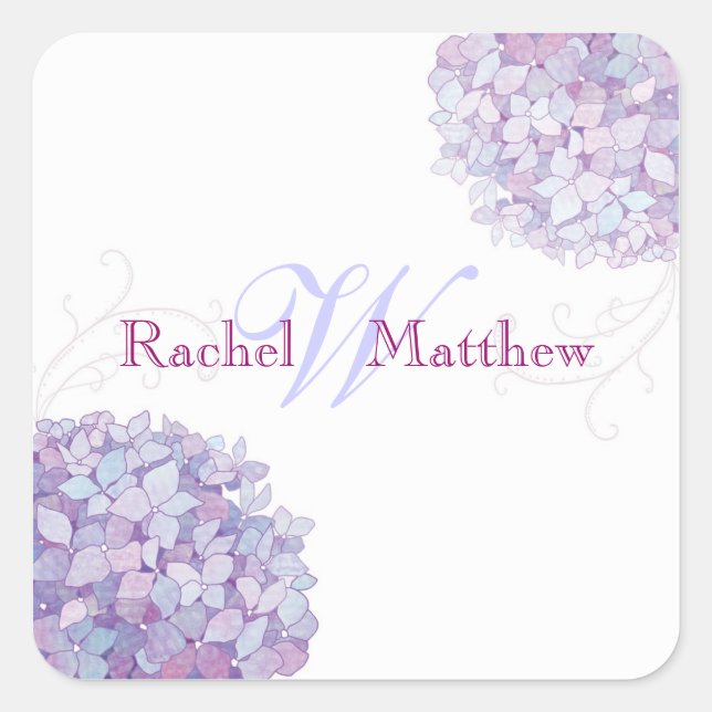 Trendy Hydrangea Wedding Couple Monogram Square Sticker (Front)