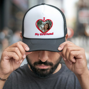 Trendy I Love My Girlfriend Red Heart Custom Photo Trucker Hat