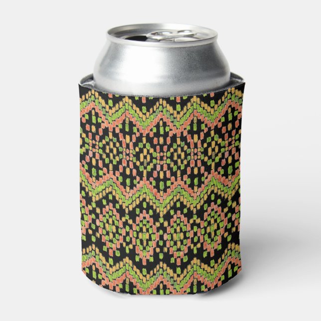 Trendy Ikat Colorful Ethnic Pattern on Black Can Cooler (Can Front)