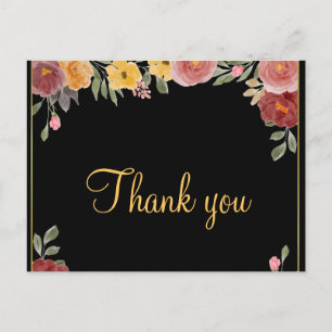 Trendy Inexpensive Gold Floral Black Thank You  Postcard