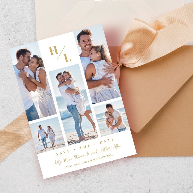 Trendy Initials Original Collage Wedding 5 Photos Save The Date (Trendy Initials Original White Collage Wedding 5 Multi Photos Save the Date with Envelope.)