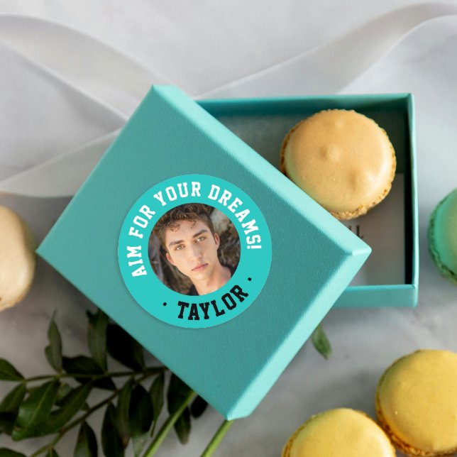 Trendy Inspirational Turquoise Sport Photo  Classic Round Sticker (Creator Uploaded)