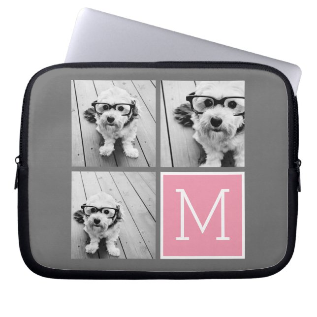 Trendy Instagram Photo Collage Custom Monogram Laptop Sleeve (Front)