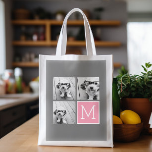 Trendy Instagram Photo Collage Custom Monogram Reusable Grocery Bag