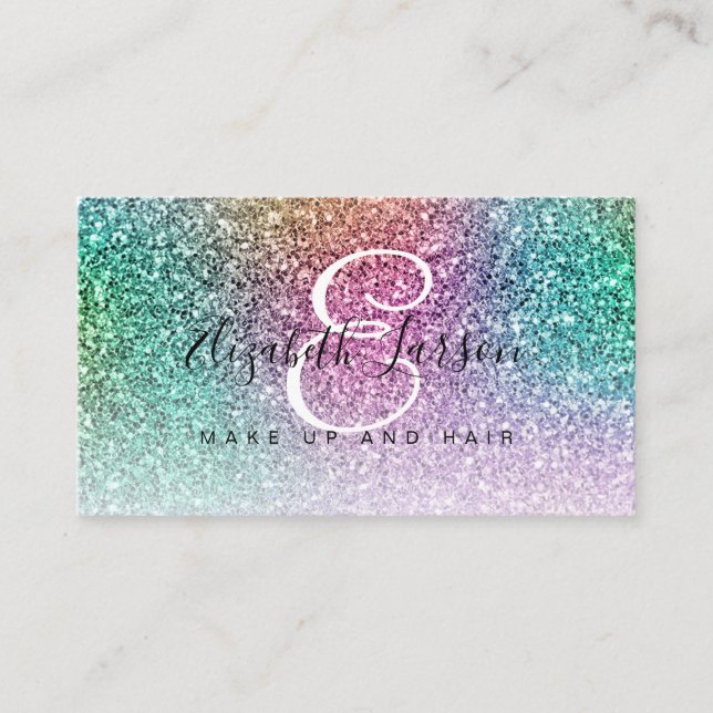Trendy Iridescent Glitter Makeup Artist Hair Salon Business Card (Front)