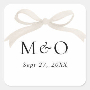 Trendy Ivory White Bow Watercolor Monogram Wedding Square Sticker