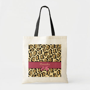 Trendy Jaguar Print With Pink Ribbon Bow and Name Tote Bag