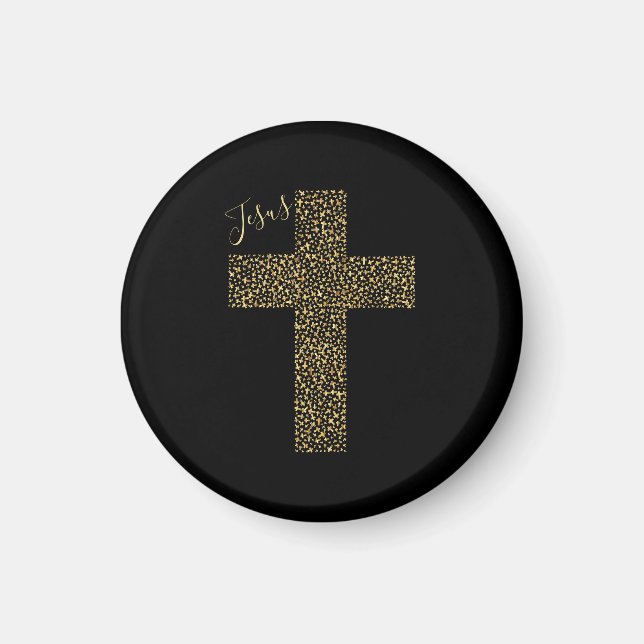 Trendy Jesus Gold Cross Black Magnet (Front)