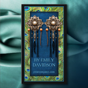Trendy Jewel Earring Display Peacock Feathers Blue Business Card