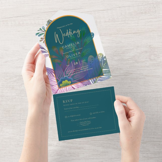 Trendy Jewel Tone Tea Maroon Gold Wedding All In One Invitation (Tearaway)