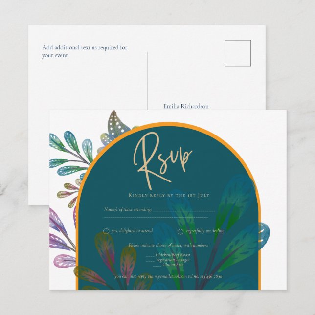 Trendy Jewel Tones Teal Maroon Gold Wedding RSVP Postcard (Front/Back)