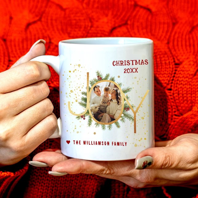 Trendy Joy Pine Boughs Wreath Christmas Photo Coffee Mug (Creator Uploaded)