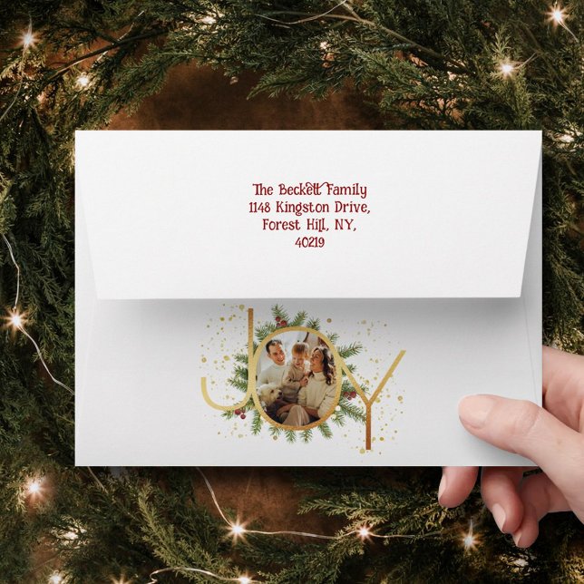 Trendy Joy Pine Boughs Wreath Christmas Photo Envelope (Creator Uploaded)