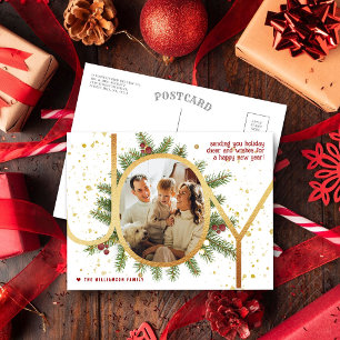 Trendy Joy Pine Boughs Wreath Christmas Photo Holiday Postcard