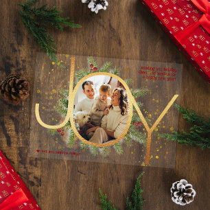 Trendy Joy Pine Boughs Wreath Photo Christmas Card Acrylic Invitations