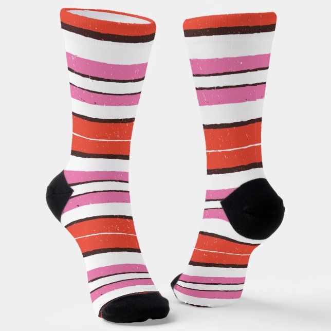 Trendy joyful colours striped pattern l Red l Pink Socks (Angled)