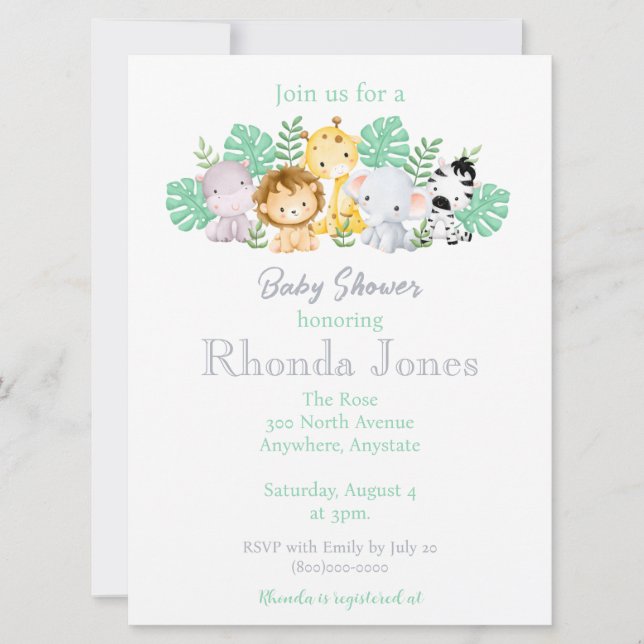 Trendy Jungle Animals Watercolor baby shower Invitation (Front)