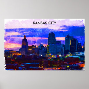Trendy Kansas City Skyline Travel Watercolor  Poster