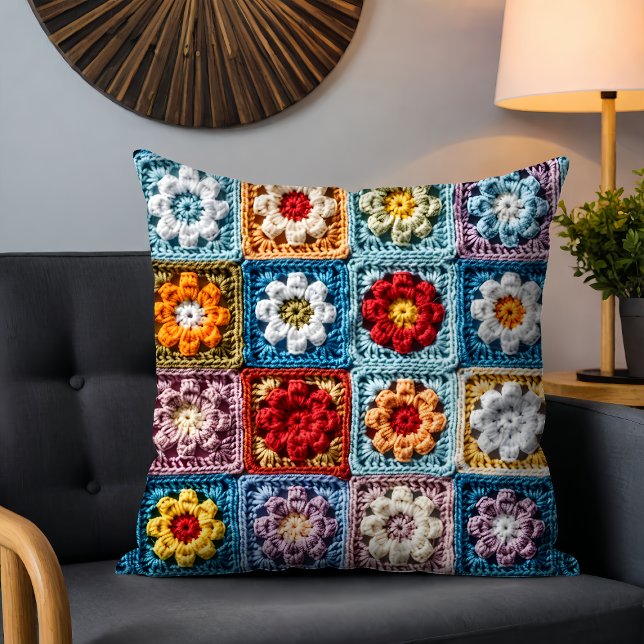 Trendy Knit Granny Square Colourful Floral Pattern Cushion (Creator Uploaded)