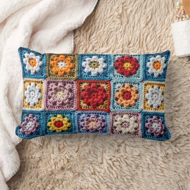 Trendy Knit Granny Square Colourful Floral Pattern Lumbar Cushion (Blanket)